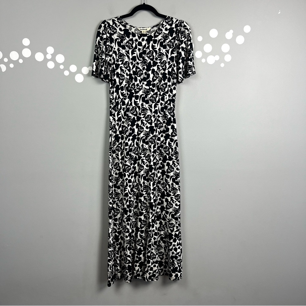 Boden Flippy Jersey Dress Size 4P Black Tulip Bloom Print Twirl Skirt